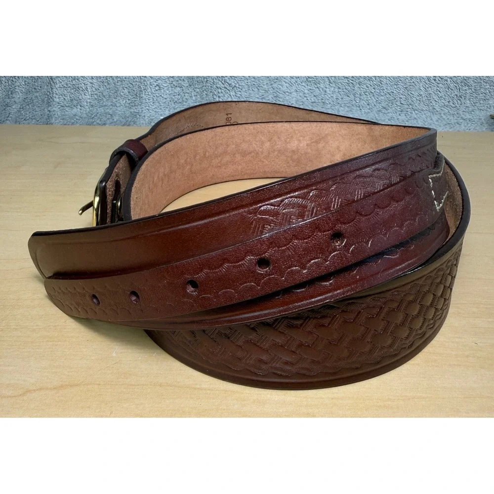 Cabelas Belt Mens 50 Brown Basketweave Embossed Leather Western Work 900081
